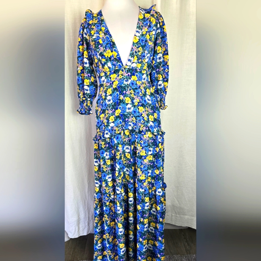 Code X Mode Blue And Yellow Floral Ruffle Long Dress Xs